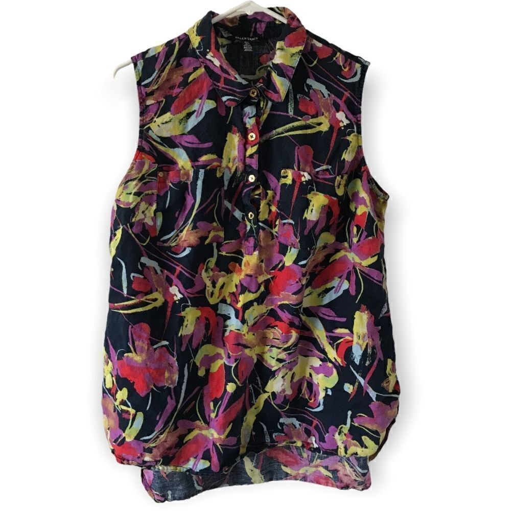 Ellen Tracy 100% linen sleeveless colorful print top (D4)